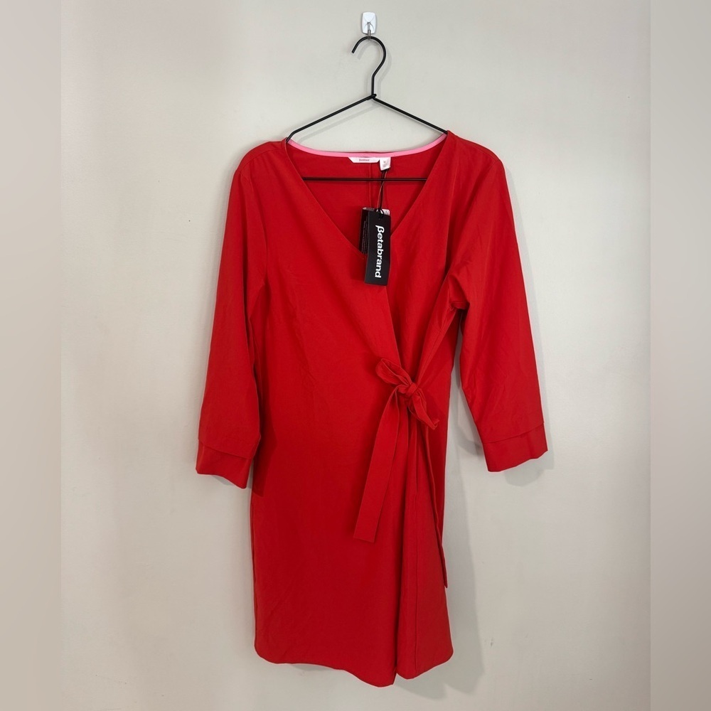 NWT Betabrand Red Umoreil Faux Wrap Tie Waist 3/4 Sleeve Dress
